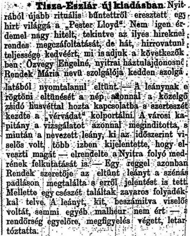 „Tisza-Eszlár új kiadásban.” (Forrás: Magyar Polgár, 1883. 04. 17., 5. o.)
